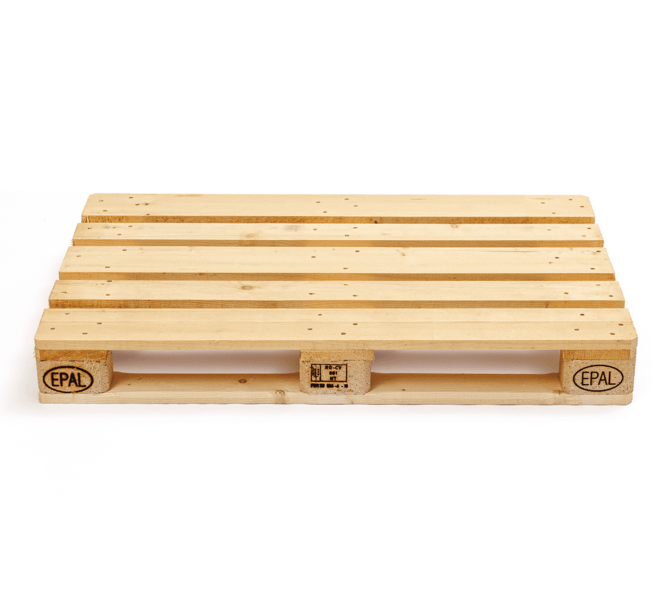 A light-colored wooden EPAL pallet with visible markings on its blocks.