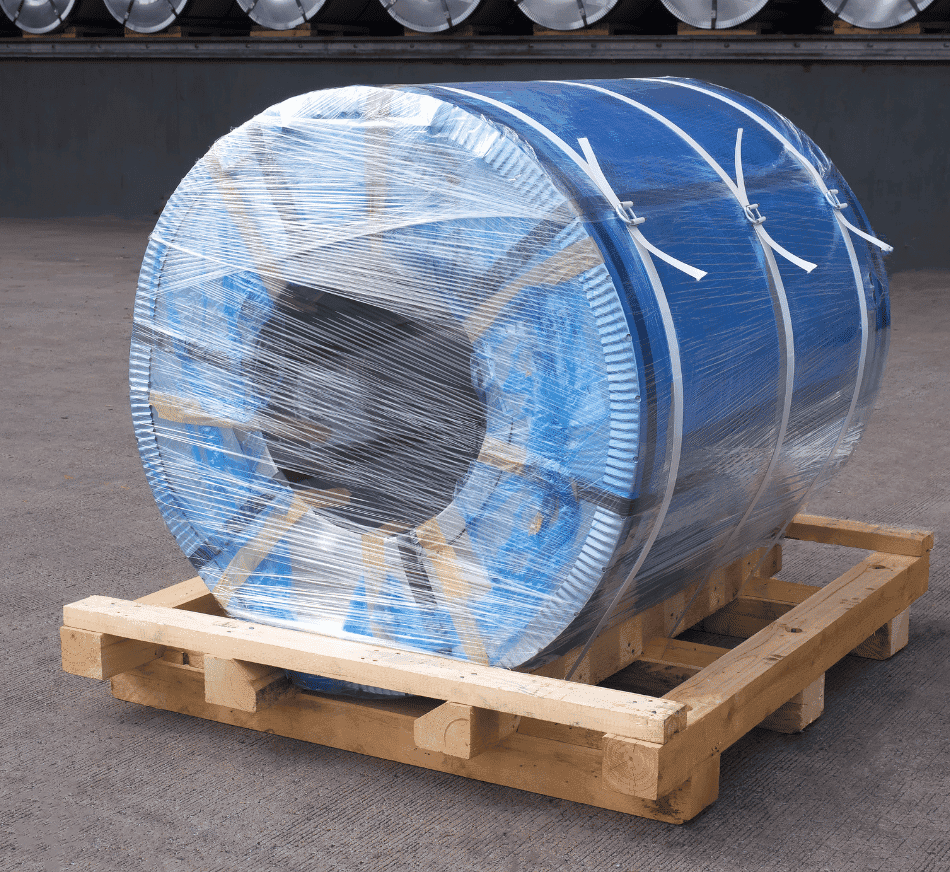 Plastic drum wrapped securely on a wooden pallet for transportation