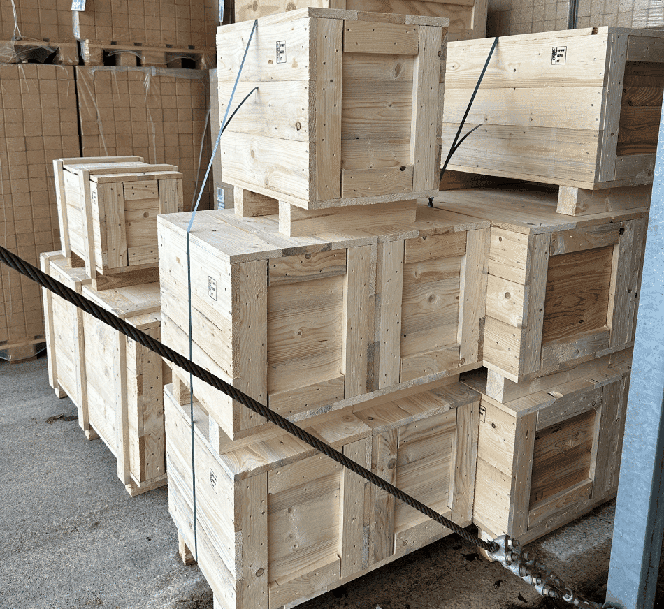Pallets for shipping and storage, made of durable wood with secure stacking.