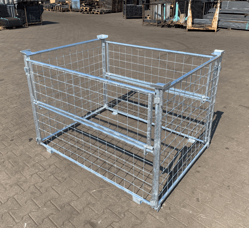 Metal wire storage cage for pallets and industrial use.